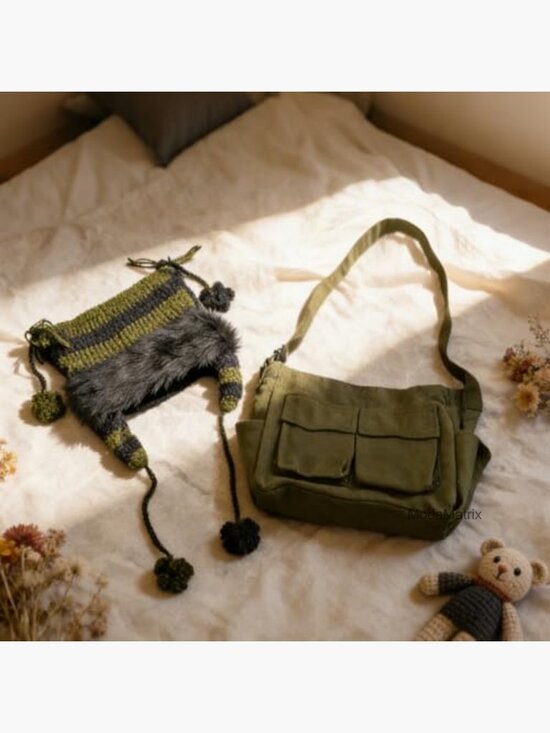 2-Piece Grunge Set: Cat Ear Beanie and Messenger Bag, Knit Hat & Canvas